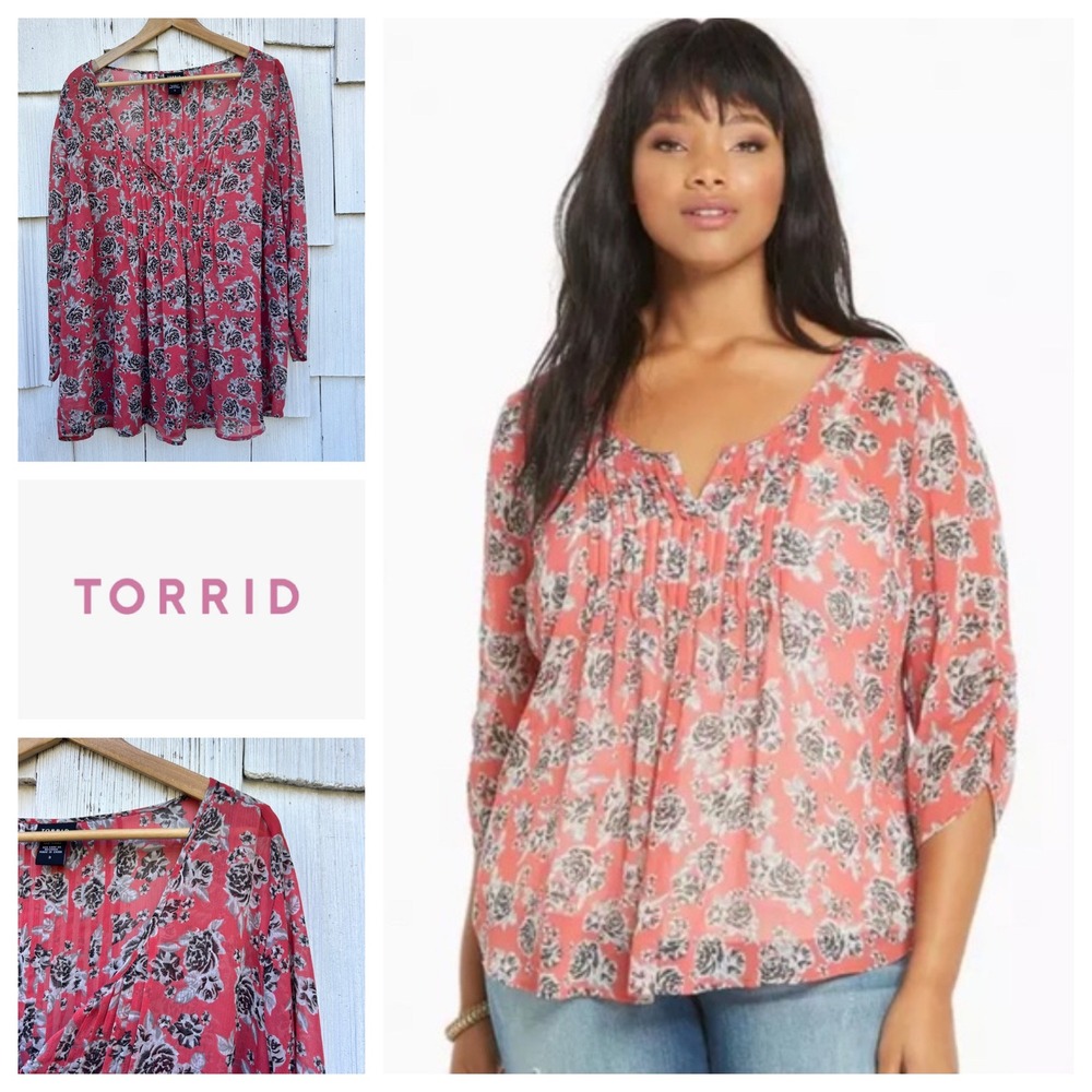 Torrid Floral Print Pleated‎ V Neck 3/4 Sleeve Sheer Blouse Top Plus Size 3